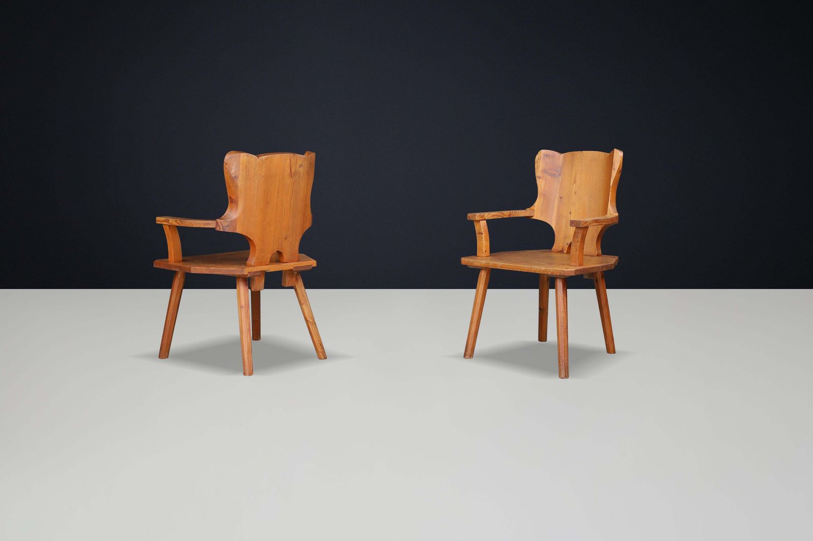 Monumental Swedish Pine Armchairs, 1950s – Sculptural Rustic Modernism photo vintage