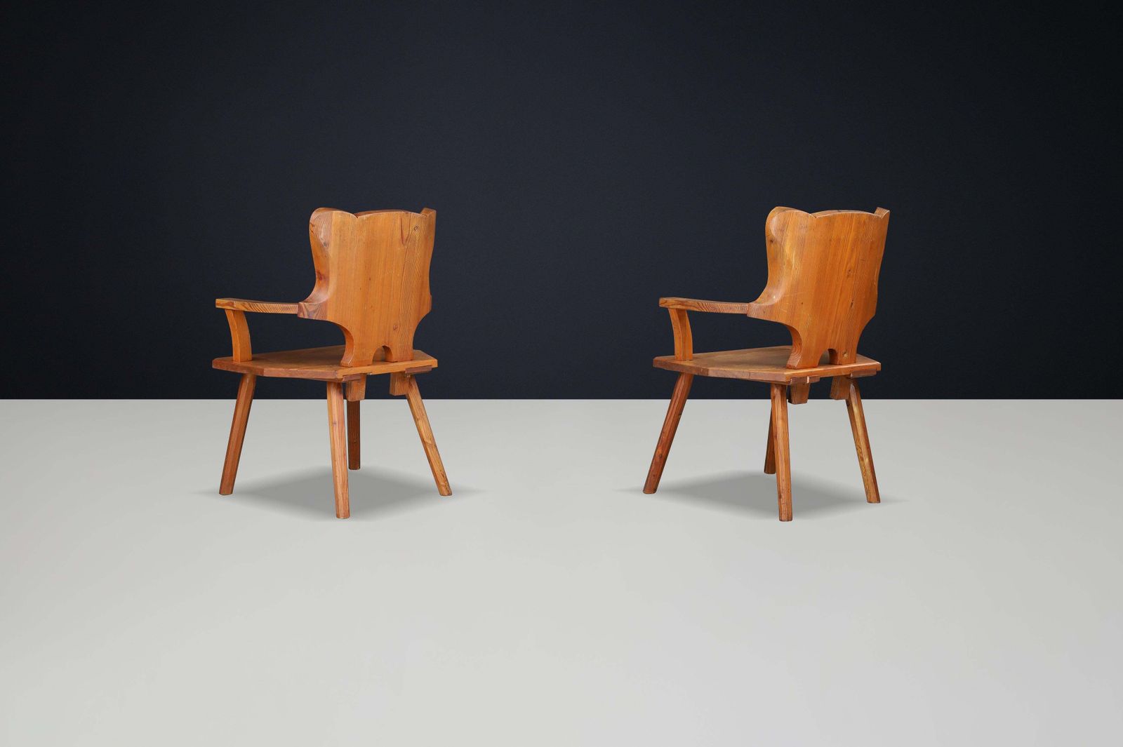 photo furniture Monumental Swedish Pine Armchairs, 1950s – Sculptural Rustic Modernism