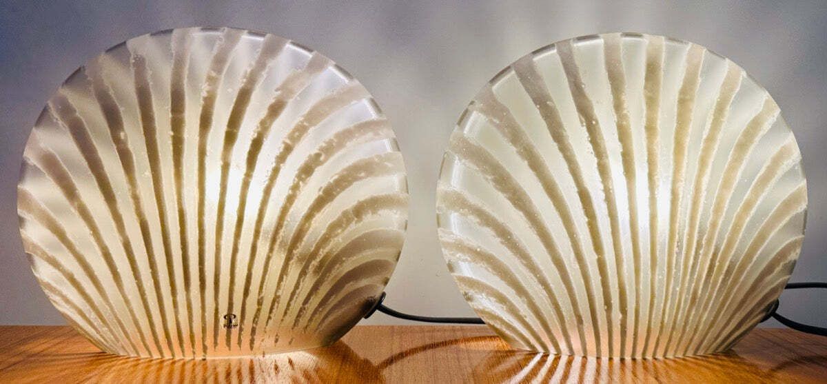 Pair Of 1970s German Peill & Putzler "Zebra" Shell Gold Tinted Striped Glass Table Lamps photo furniture
