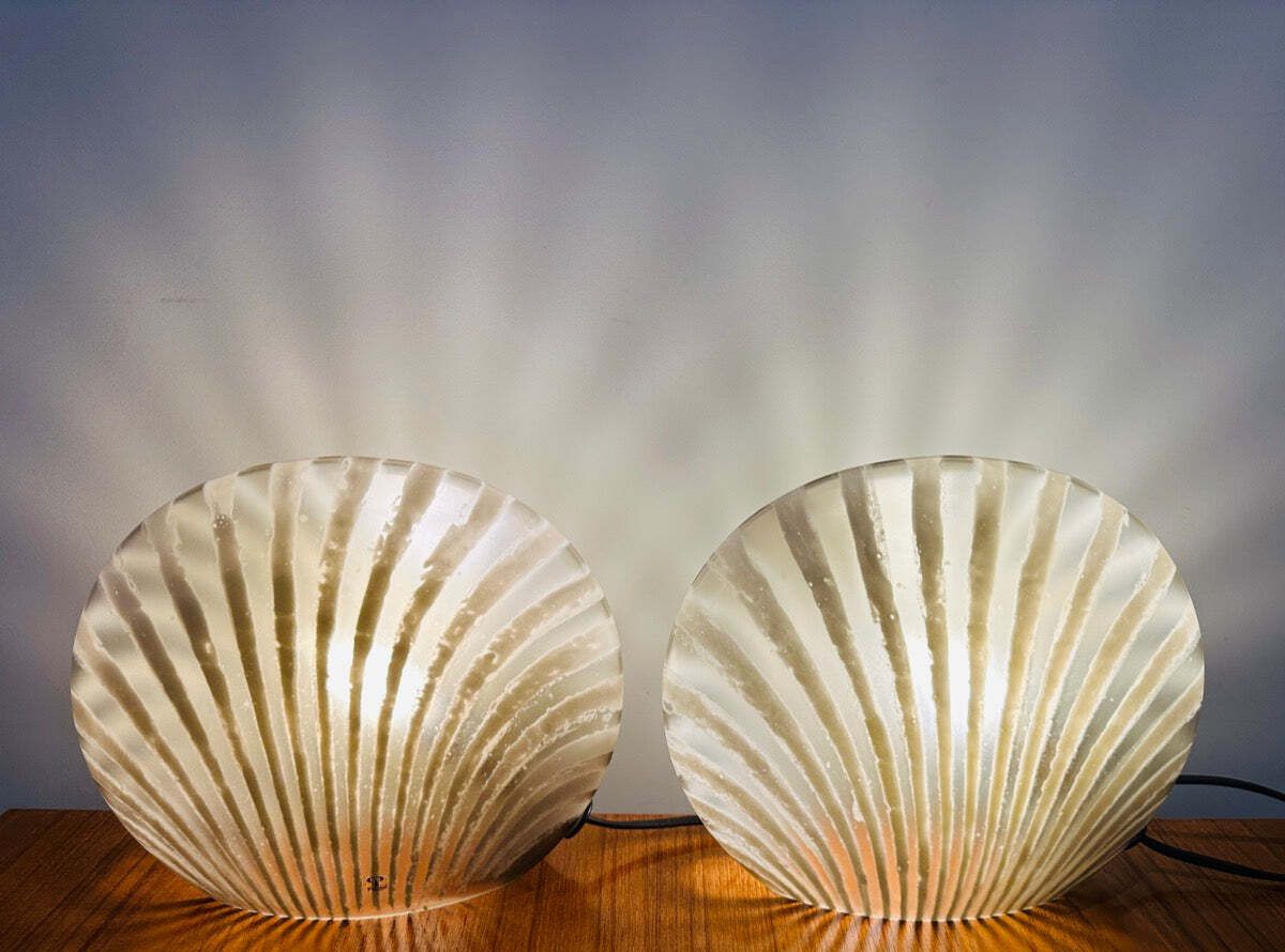 Pair Of 1970s German Peill & Putzler "Zebra" Shell Gold Tinted Striped Glass Table Lamps photo Lighting