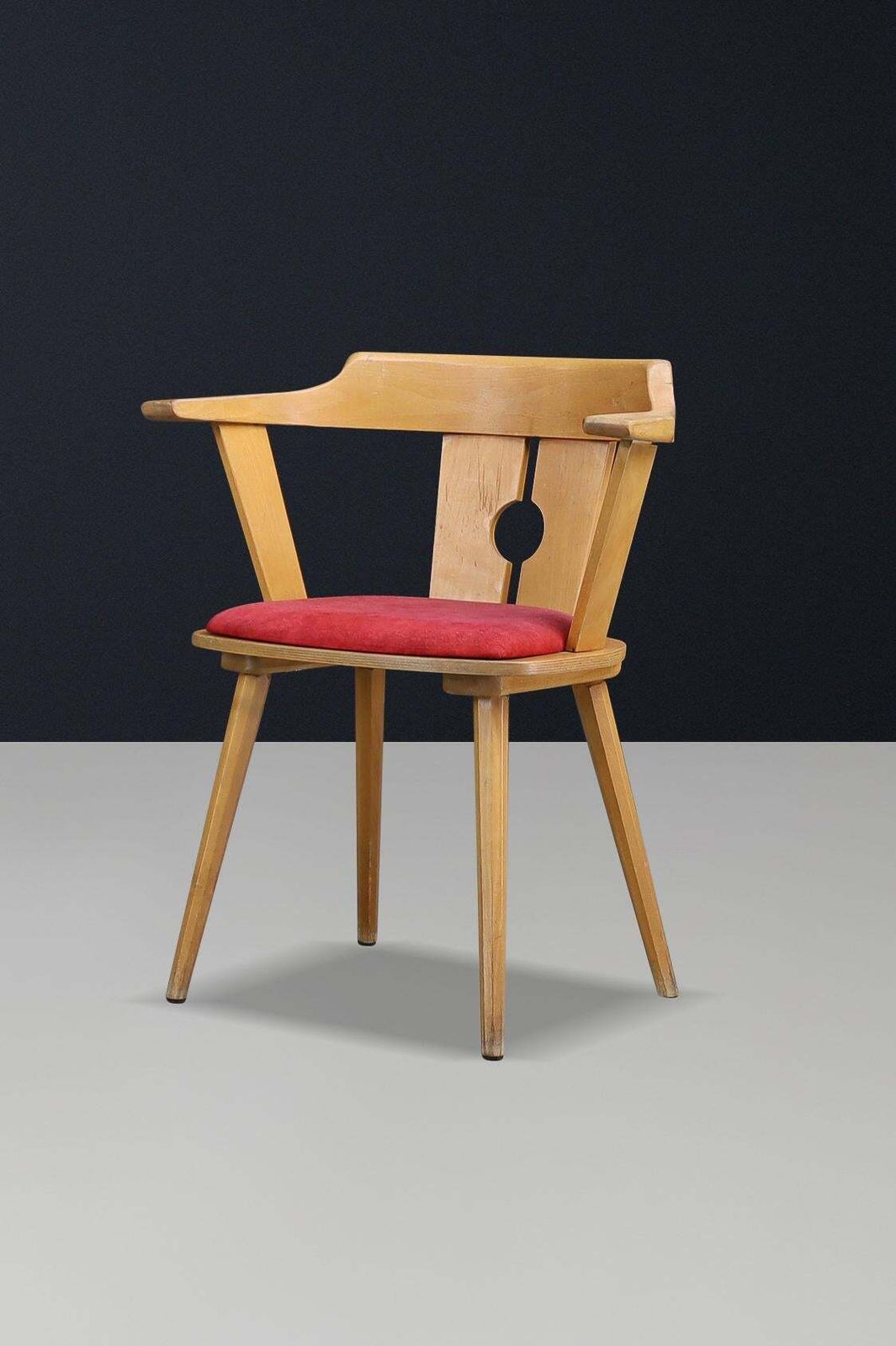 Mid Century French Bistro Armchair In Beech And Red Upholstery, 1950s photo buy