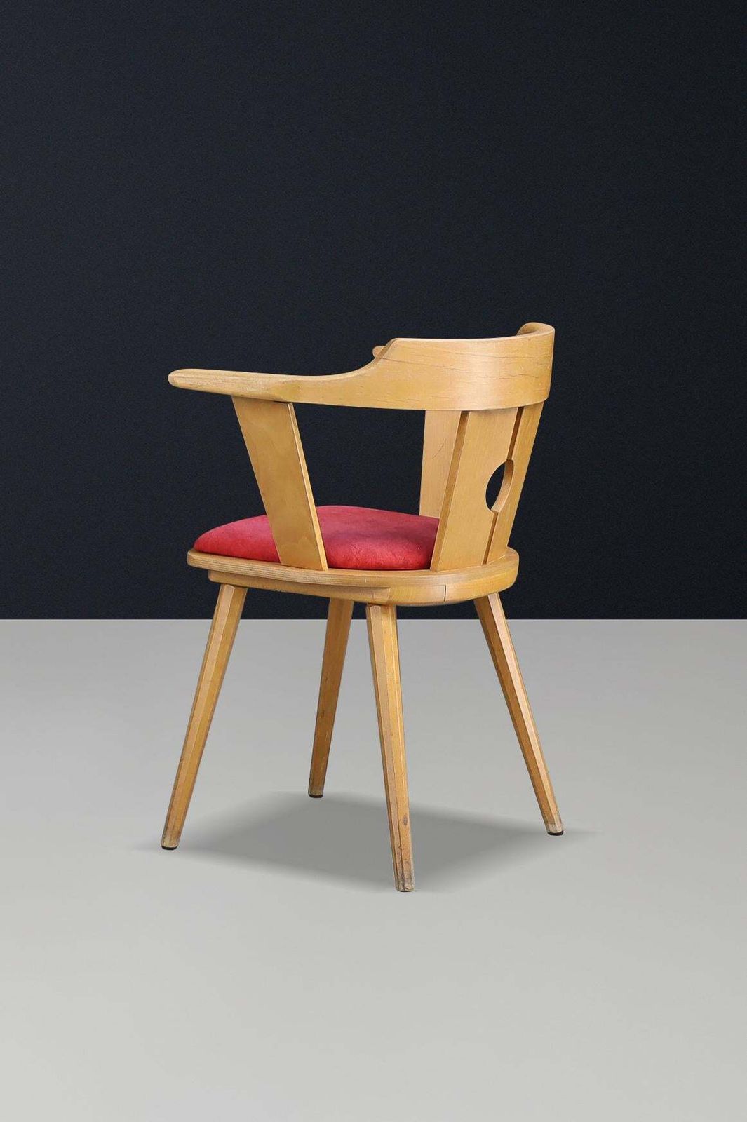 photo furniture Mid Century French Bistro Armchair In Beech And Red Upholstery, 1950s