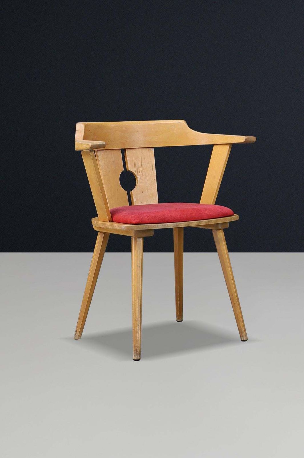 photo for sale Mid Century French Bistro Armchair In Beech And Red Upholstery, 1950s