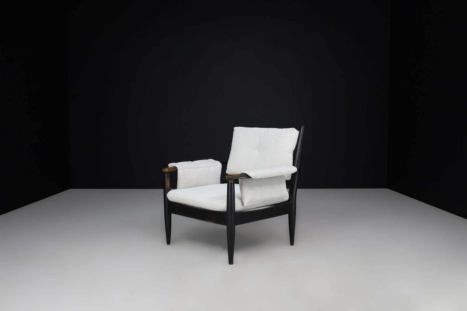 Mid Century French Armchair In Patinated Oak And Bouclé Upholstery, 1960s photo furniture
