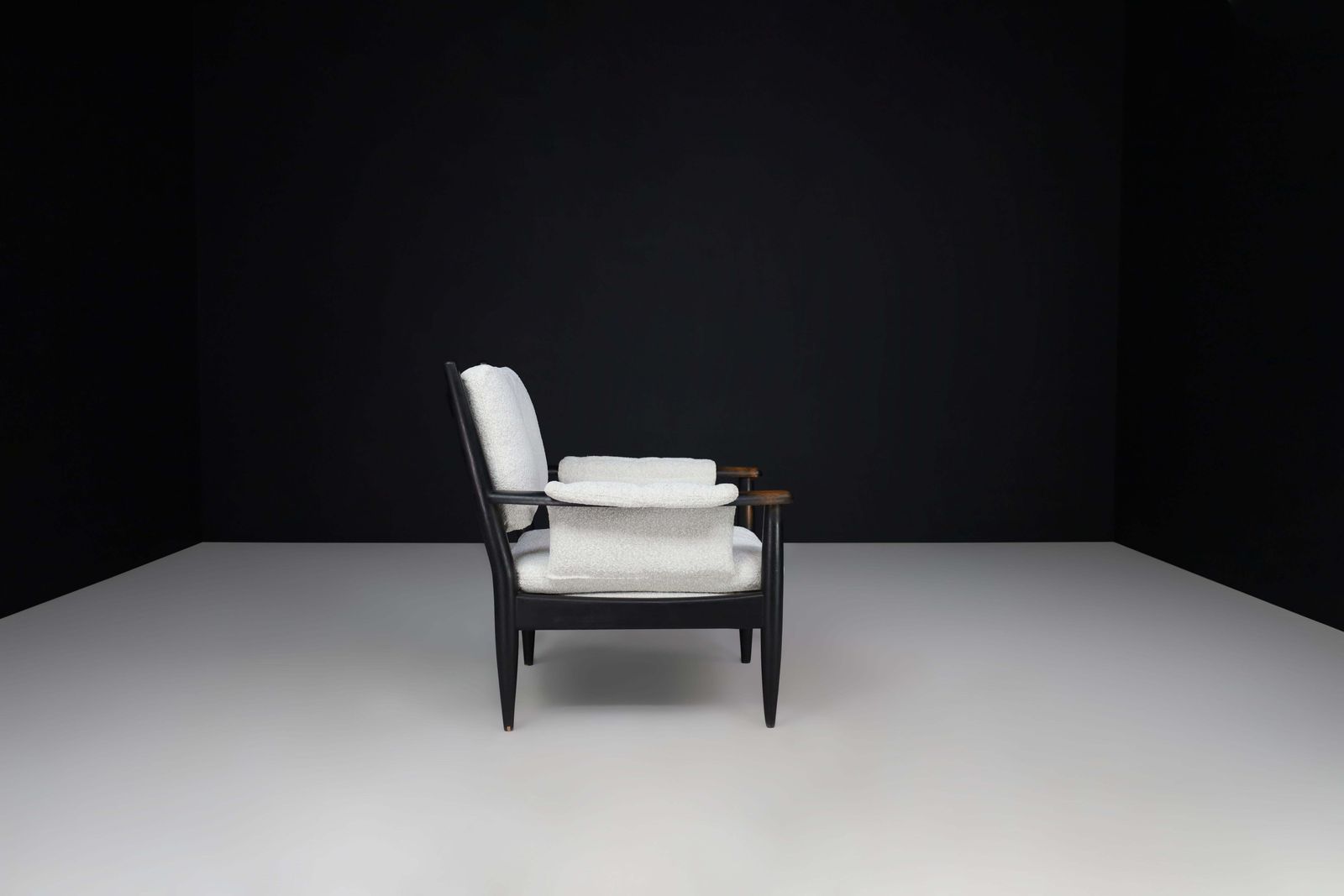Mid Century French Armchair In Patinated Oak And Bouclé Upholstery, 1960s photo vinterior