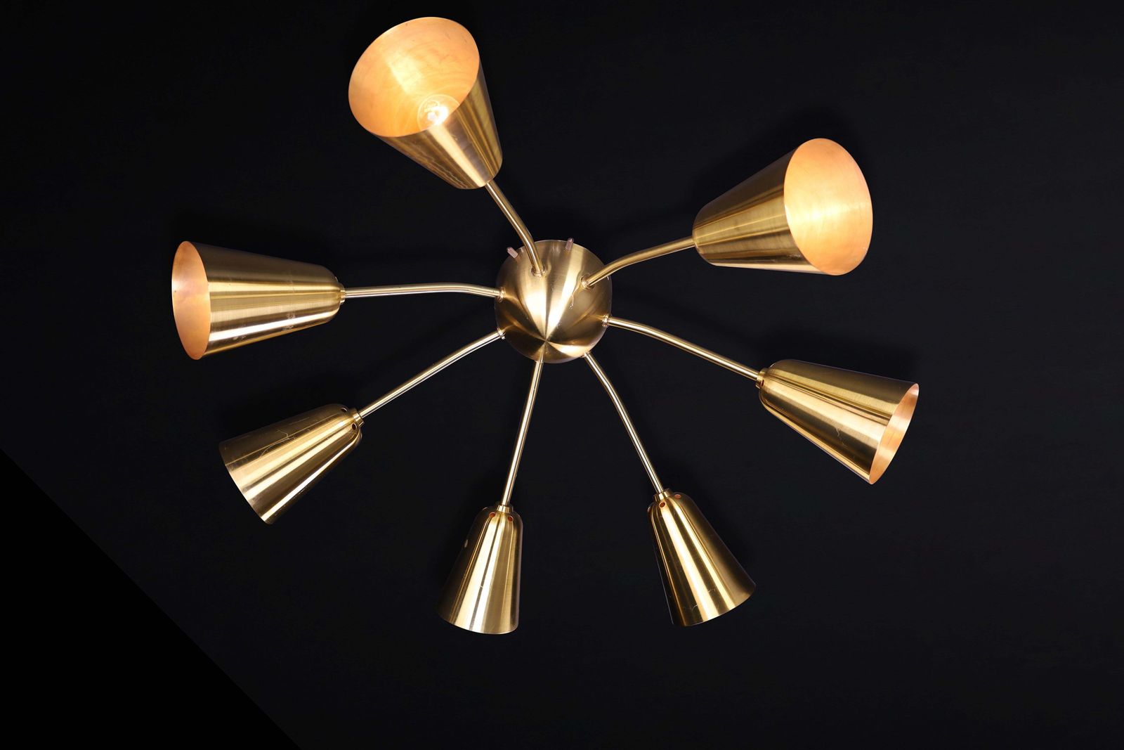 Set Of Four Restored Italian Mid Century Solid Brass Sputnik Chandelier, 1950s photo vinterior