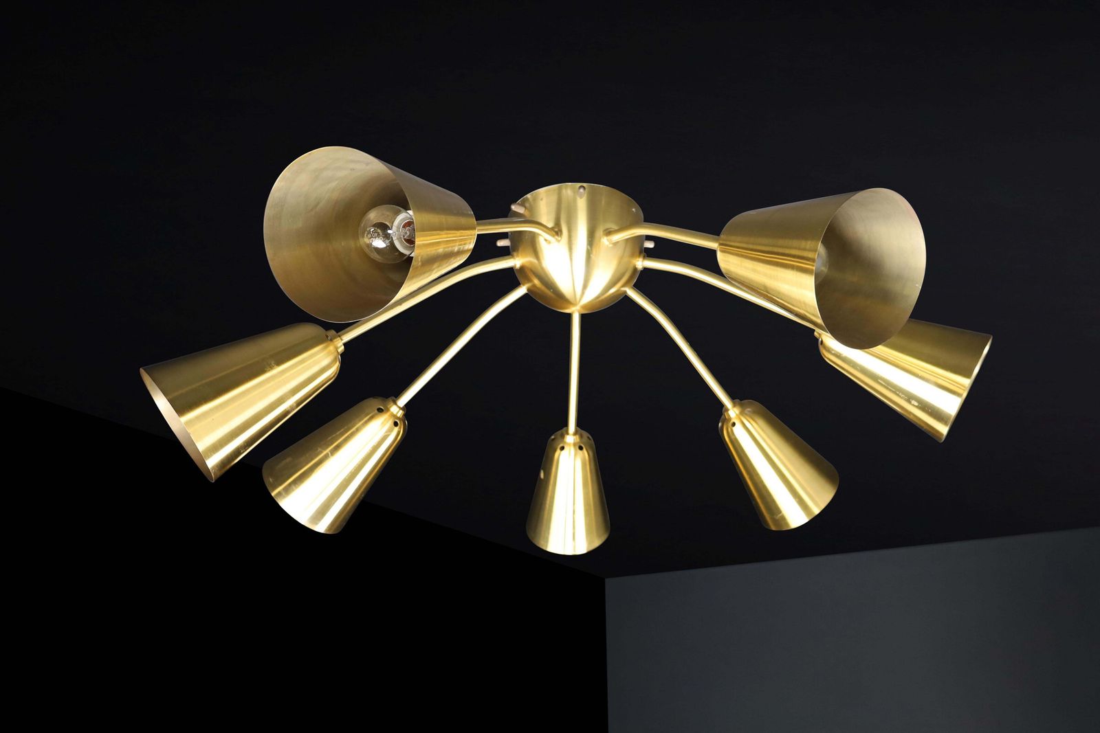 photo furniture Set Of Four Restored Italian Mid Century Solid Brass Sputnik Chandelier, 1950s