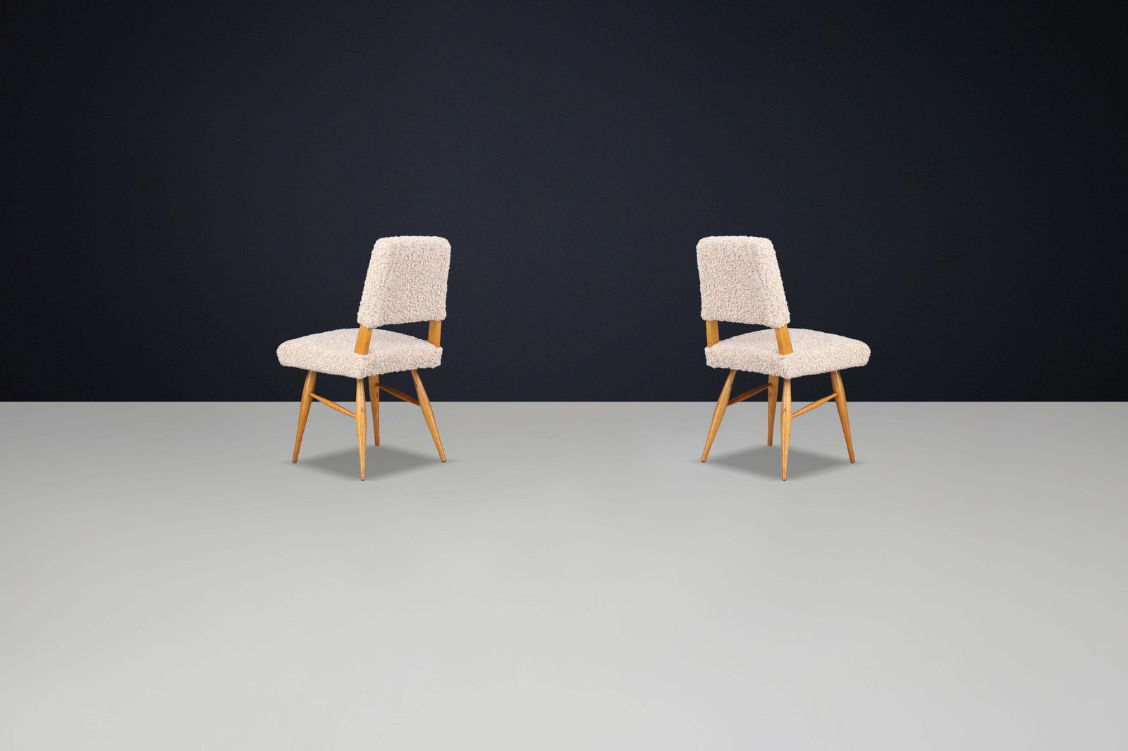 Sculptural Mid Century Dining Chairs In Ashwood With Soft Beige Teddy Upholstery photo vinterior