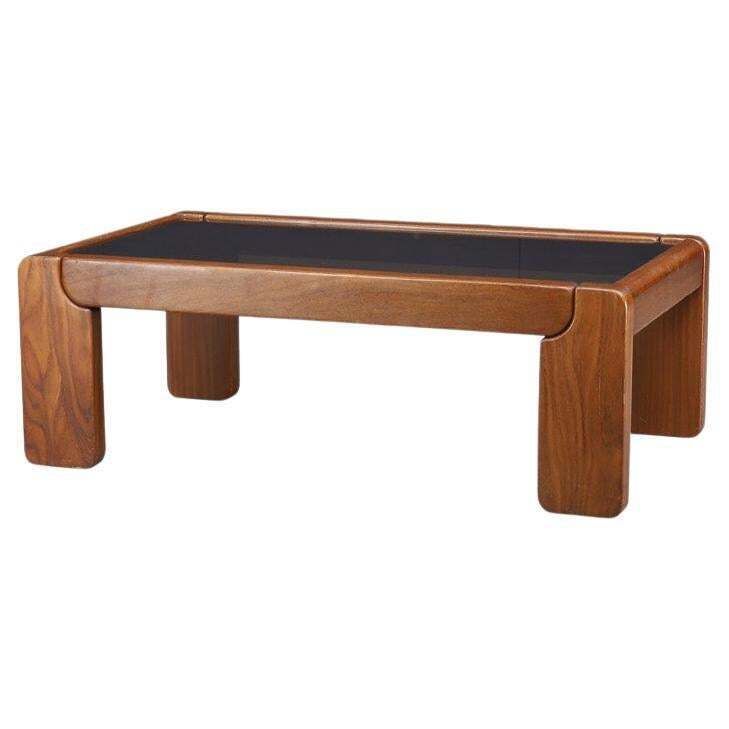 Modern Coffee Table In Elm And Smoked Glass By Maison Regain, France 1970s.