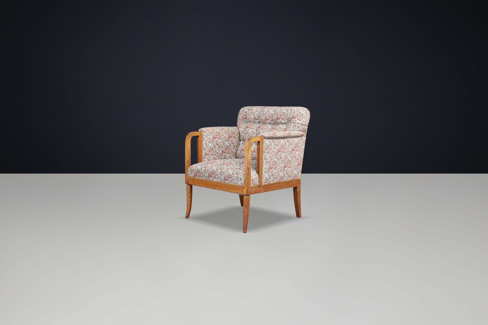 Elegant 1930s French Art Deco Oak Armchair With Original Floral Upholstery. photo furniture