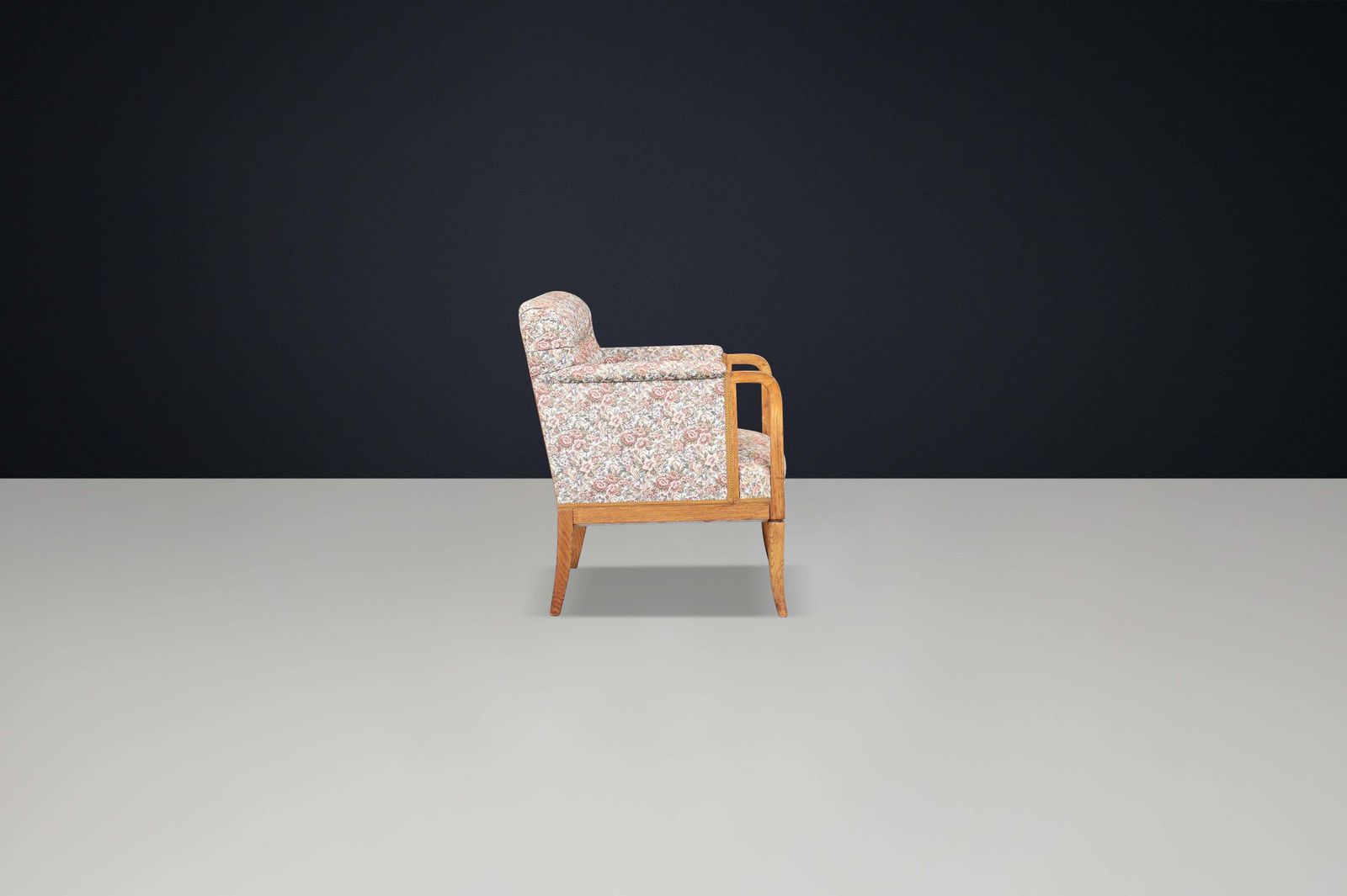 Elegant 1930s French Art Deco Oak Armchair With Original Floral Upholstery. photo buy