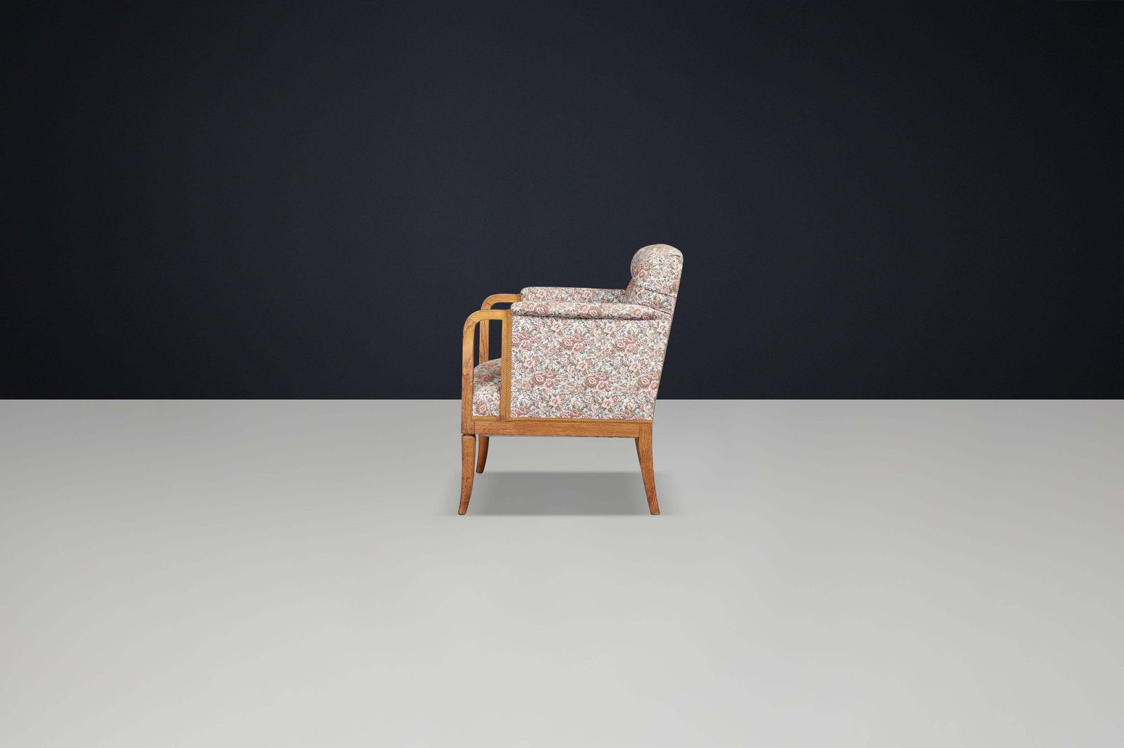 photo furniture Elegant 1930s French Art Deco Oak Armchair With Original Floral Upholstery.
