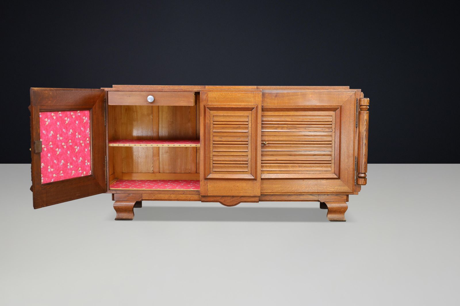 4116.0 French Art Deco Patinated Oak Sideboard With Relief Carved Doors, 1940s photo