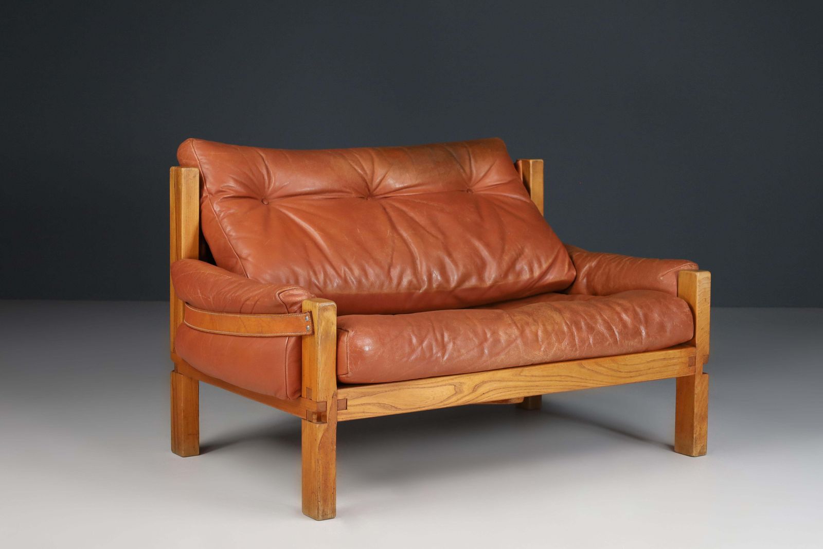 Furniture Pierre Chapo, S18y “Love Seat” Bench In Elm And Patinated Leather, France, 1970s photo