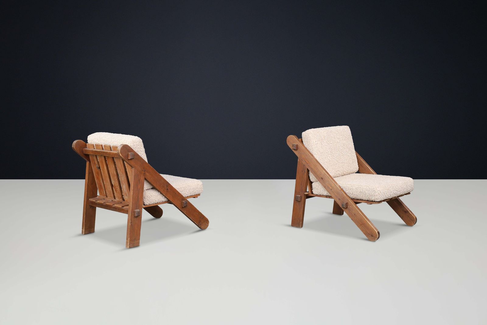 Pinewood Lounge Chairs In New Teddy Upholstery, France, 1970s photo 2939.0