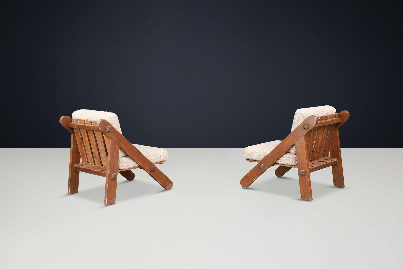 Pinewood Lounge Chairs In New Teddy Upholstery, France, 1970s photo vinterior