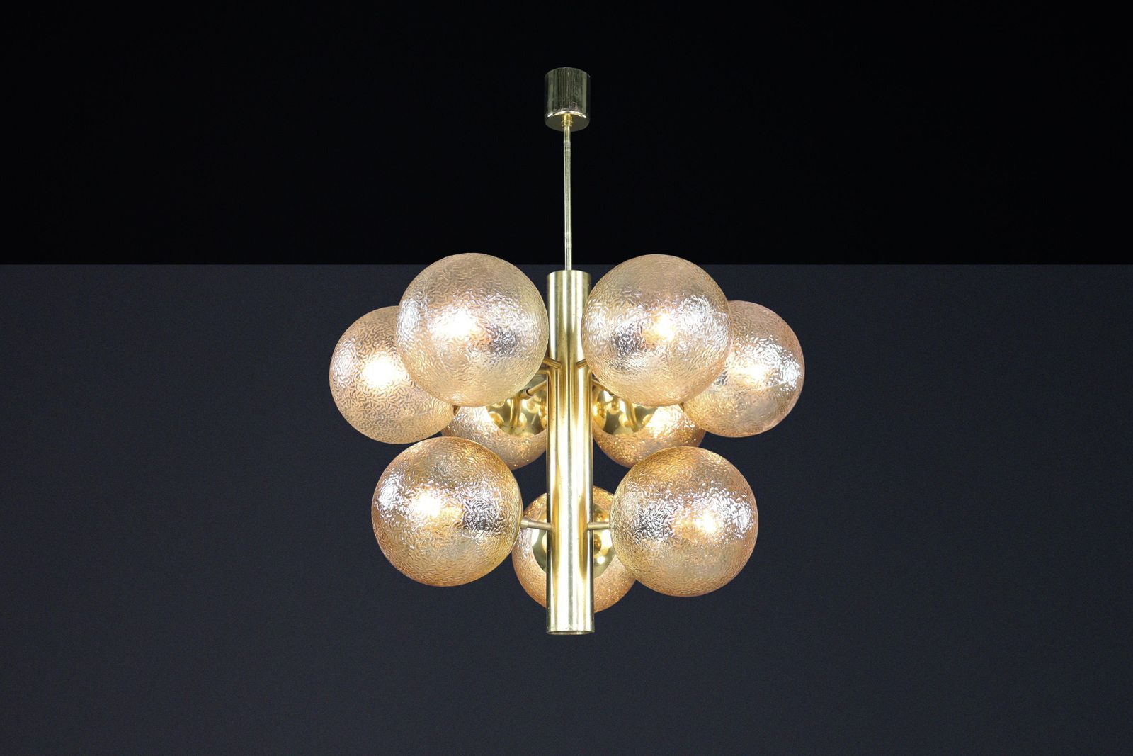 Patinated Brass Chandelier With Nine Gold Colored Globes, Germany 1960s photo 2429.0