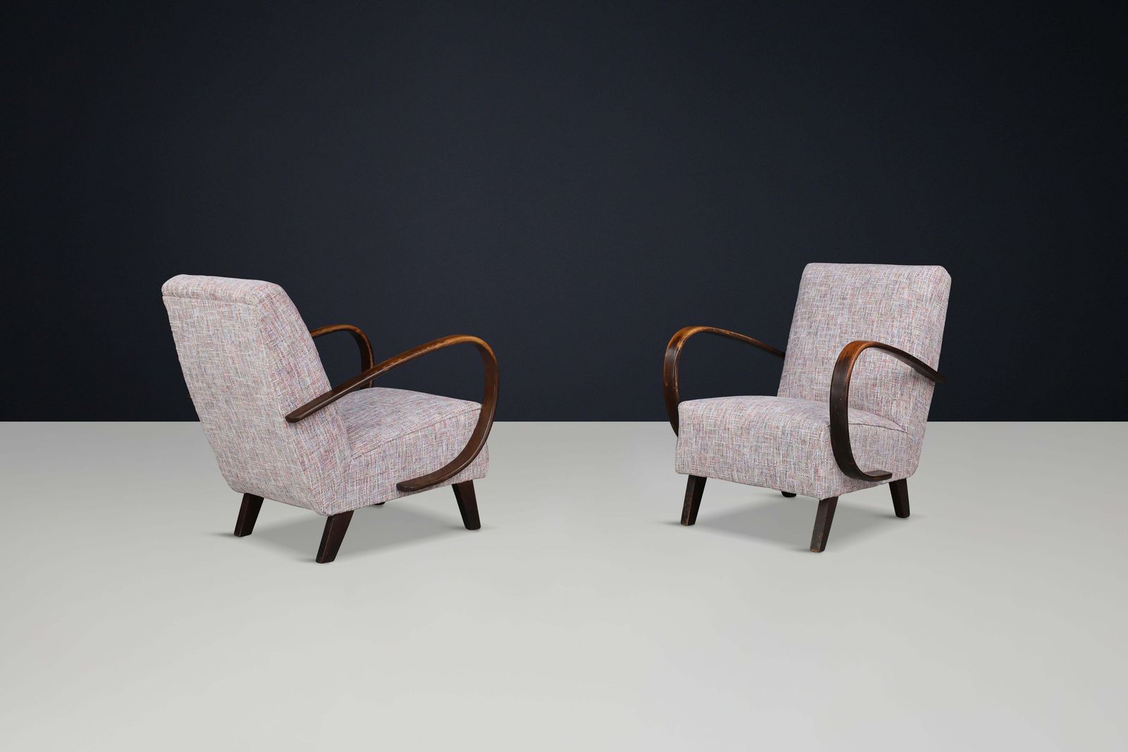 Jindrich Halabala Re Upholstered Patinated Bentwood Lounge Chairs, 1940s photo for sale