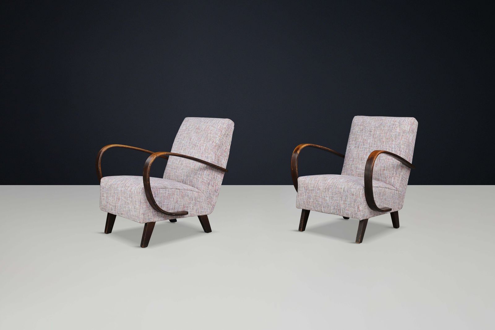 Jindrich Halabala Re Upholstered Patinated Bentwood Lounge Chairs, 1940s photo vintage
