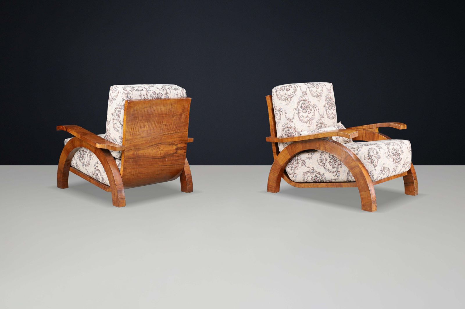 Monumental Pair Of 1930s Czech Art Deco Lounge Chairs In Walnut. photo for sale