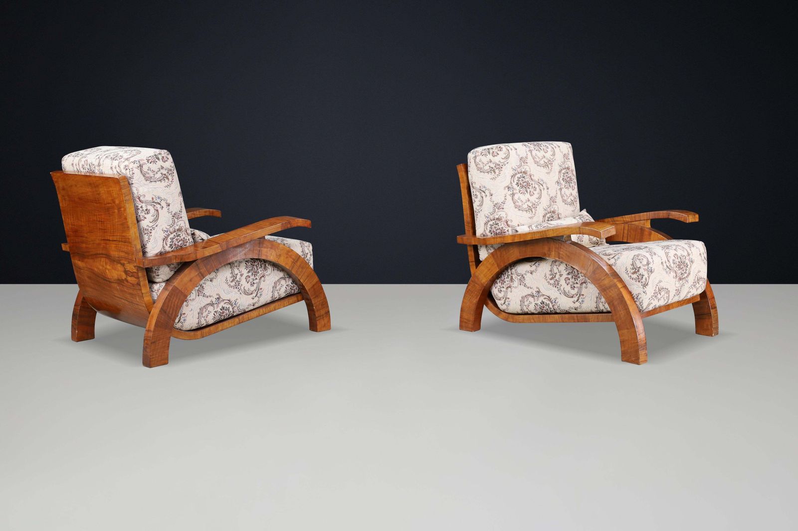 Monumental Pair Of 1930s Czech Art Deco Lounge Chairs In Walnut. photo Furniture