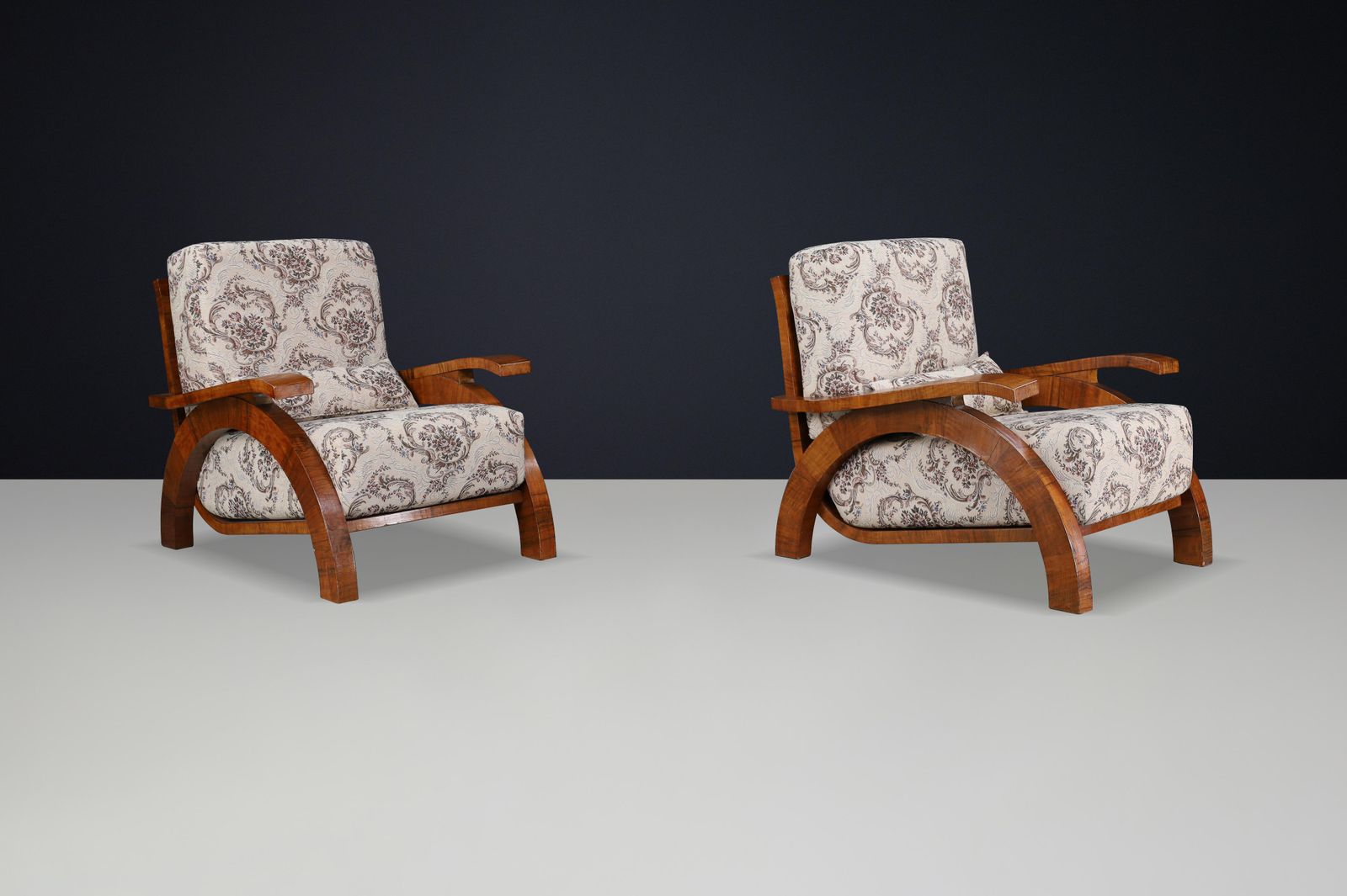 Monumental Pair Of 1930s Czech Art Deco Lounge Chairs In Walnut. photo 10476.0