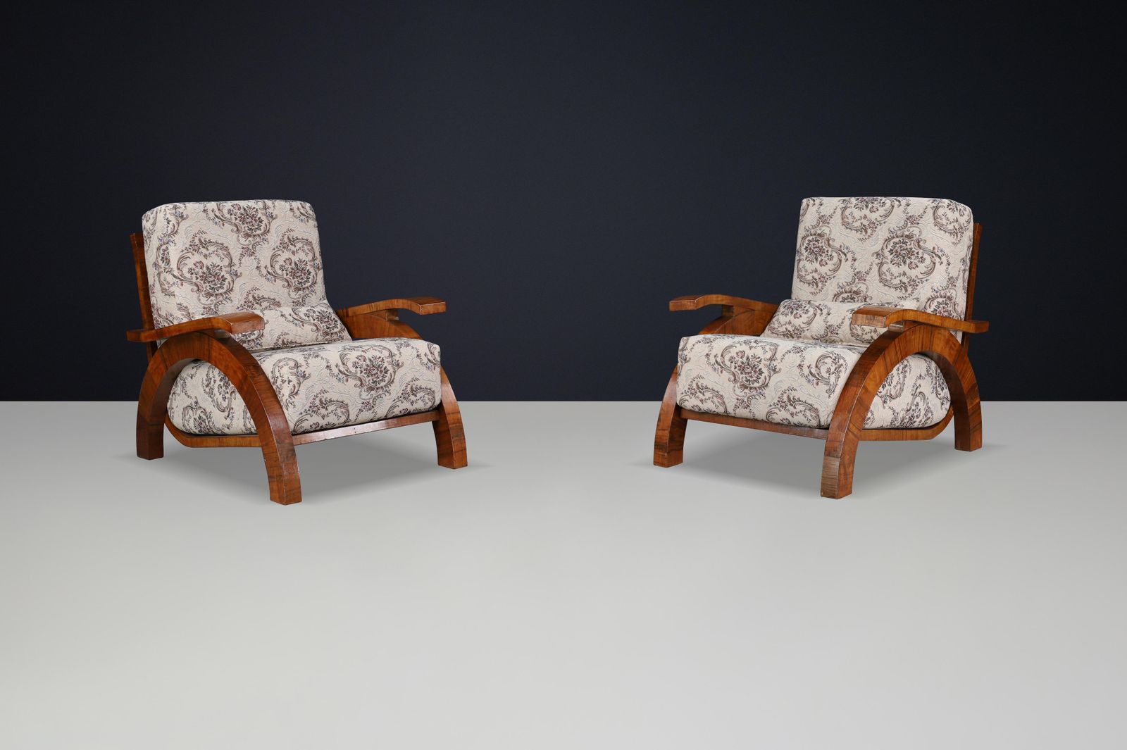 Monumental Pair Of 1930s Czech Art Deco Lounge Chairs In Walnut. photo vinterior