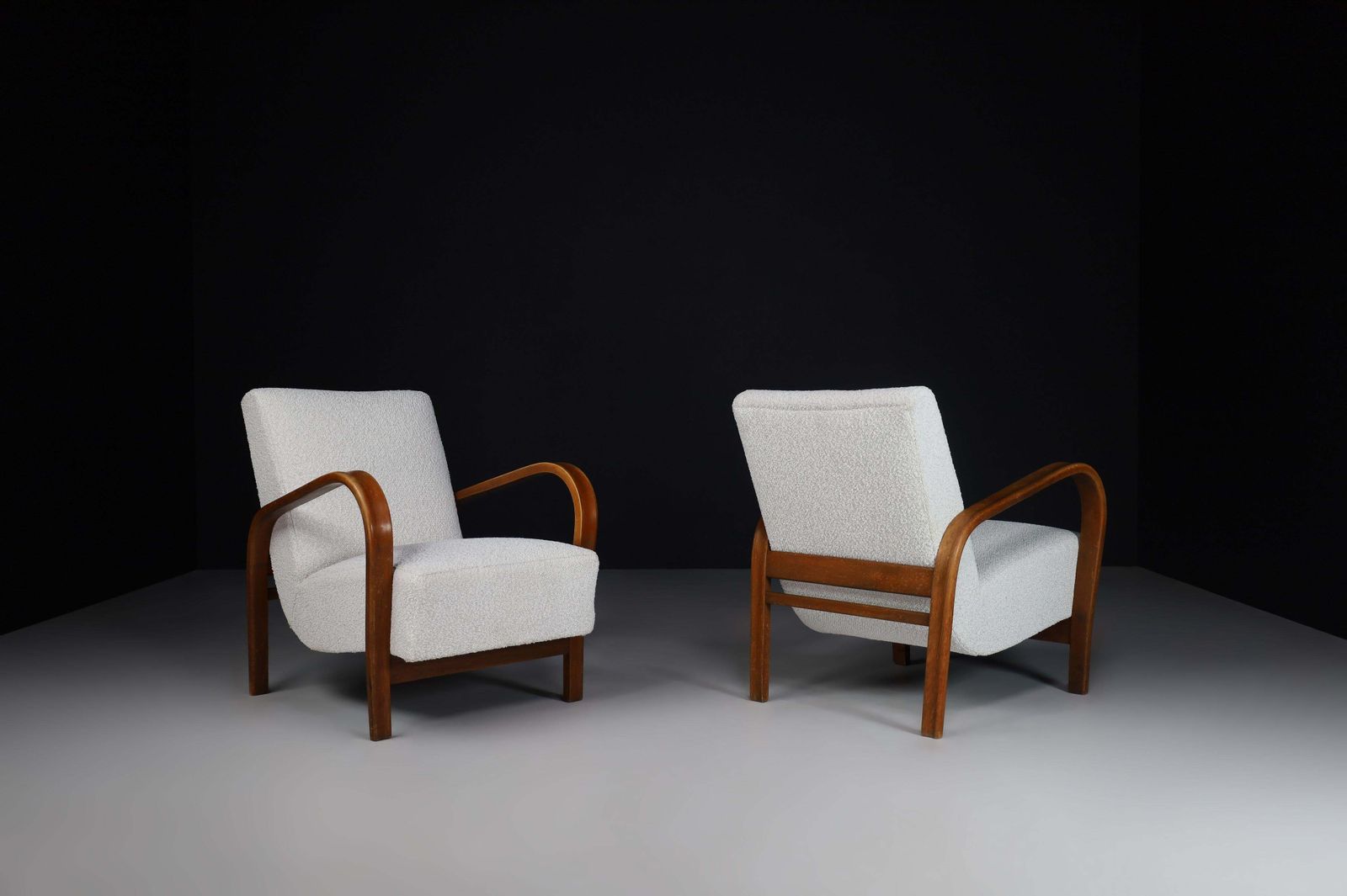Karel Koželka & Antonín Kropáček Bentwood And Bouclé Armchairs, 1940s photo for sale