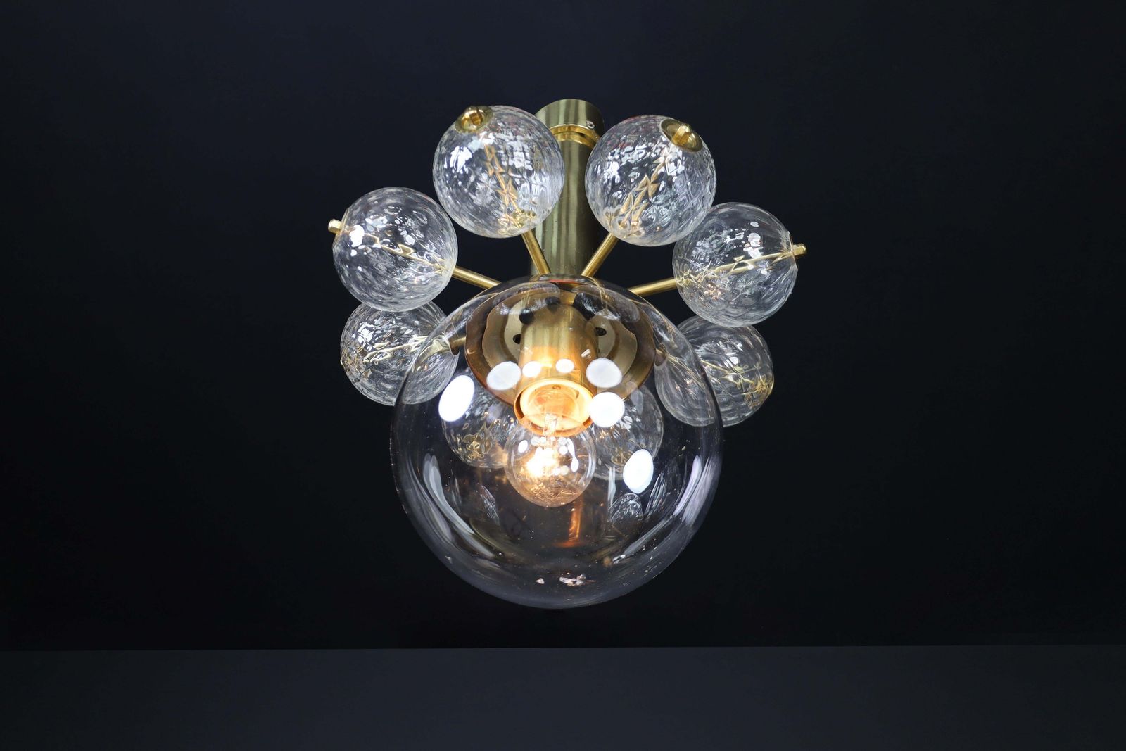 Large Set Chandelier With Brass Fixture And Hand Blowed  Glass Globes, Cz 1960 photo Lighting