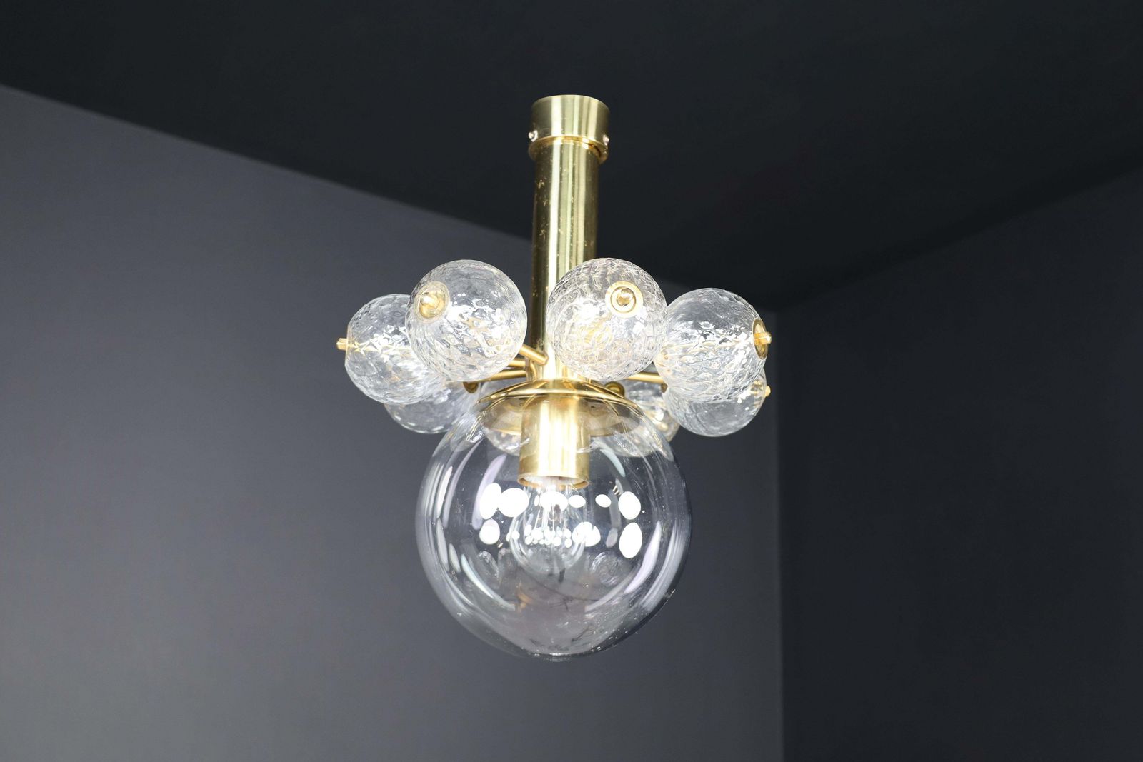 Large Set Chandelier With Brass Fixture And Hand Blowed  Glass Globes, Cz 1960 photo vintage