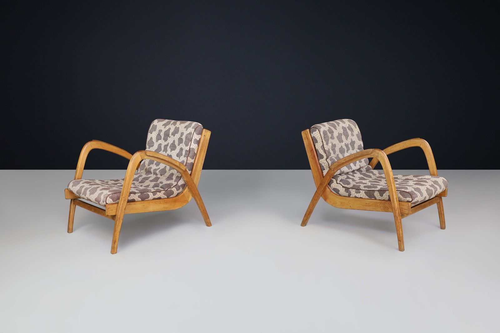 Pair Of Jan Vaněk Curved Easy Chairs In Ash With Original Upholstery, Cz 1950s photo furniture