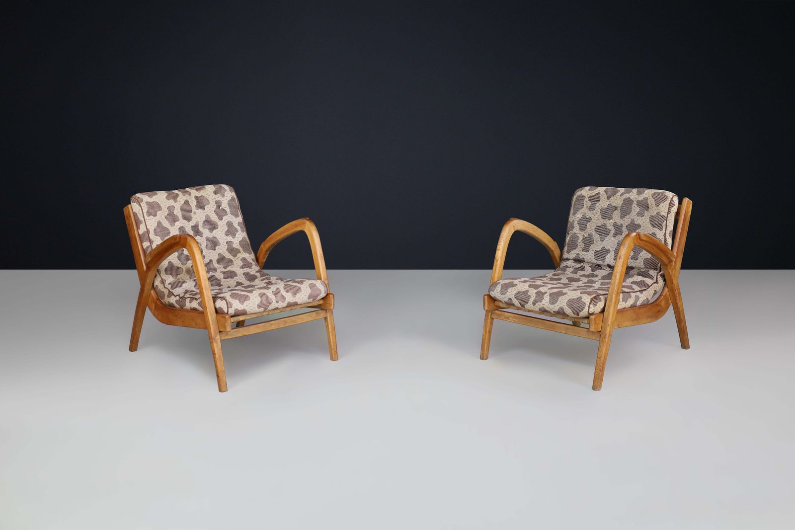 Pair Of Jan Vaněk Curved Easy Chairs In Ash With Original Upholstery, Cz 1950s photo vintage