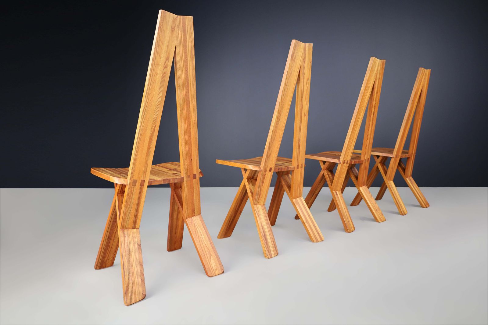 Pierre Chapo Set Of Six 'S45'dining Room Chairs In Elm, France 1970s photo vintage