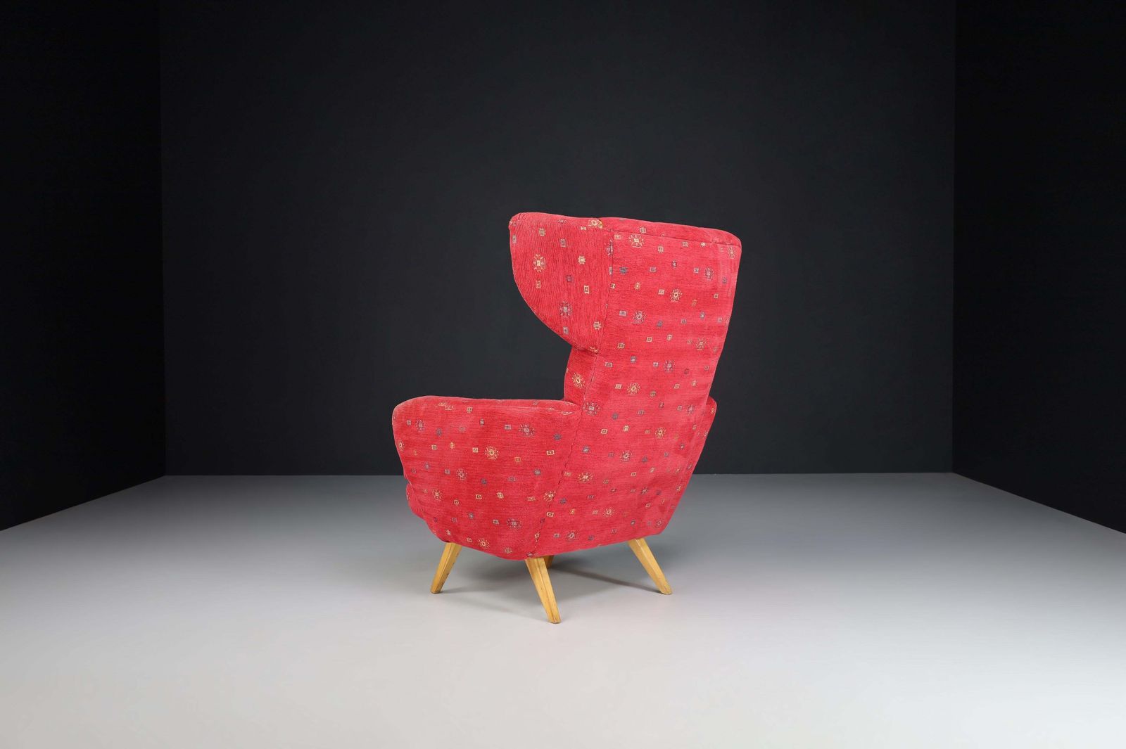 Wing Back Lounge Chair In Red Upholstery, Praque 1950s photo for sale