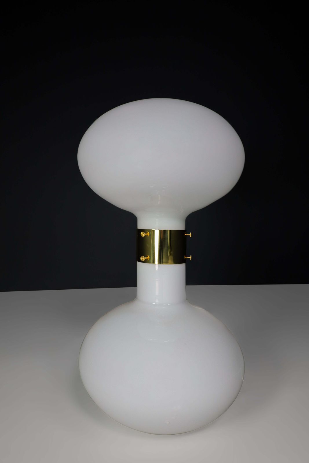 Large  Brass And Opaline Glass Floor Table Lamp, Italy 1970s photo vinterior