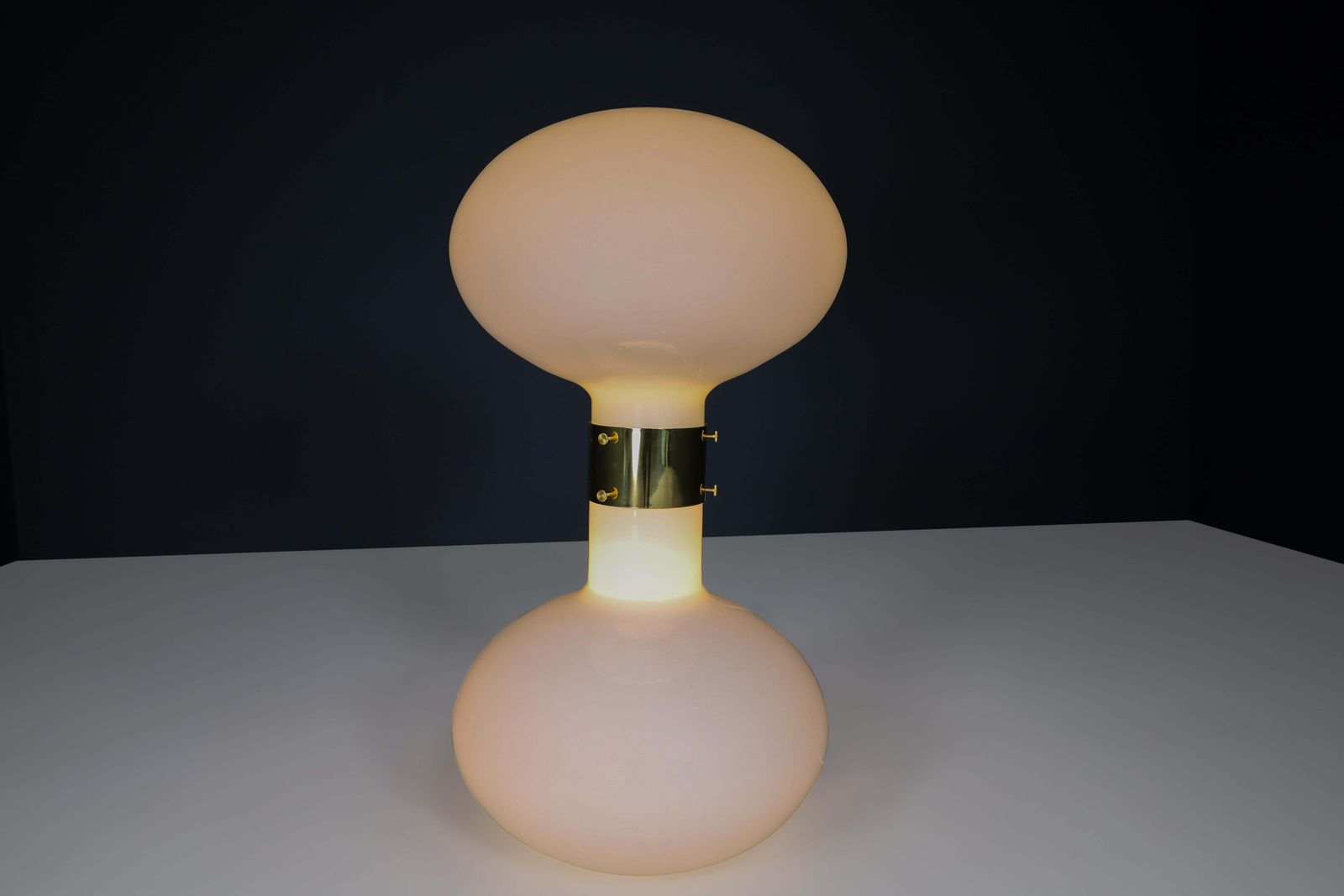 Large  Brass And Opaline Glass Floor Table Lamp, Italy 1970s photo buy