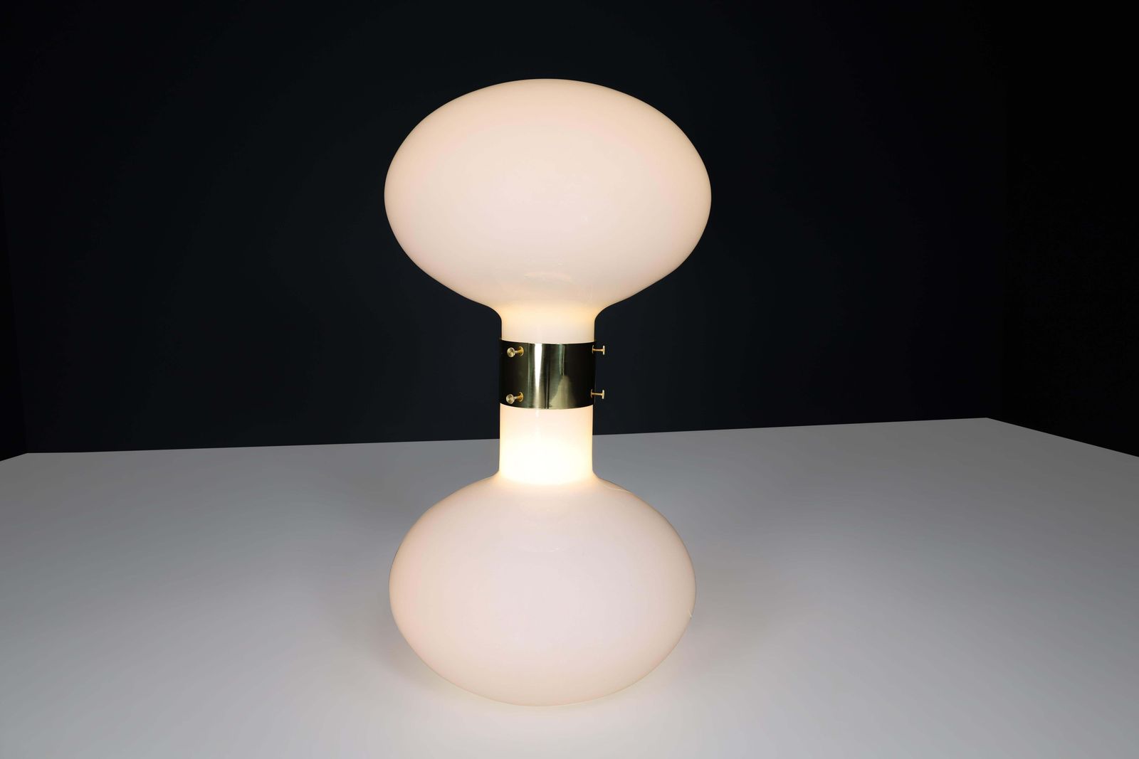photo furniture Large  Brass And Opaline Glass Floor Table Lamp, Italy 1970s