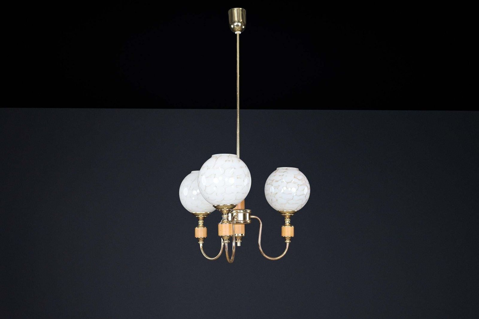 Mid Century Modern Brass And Art Glass Chandelier, Czech Republic 1970s photo for sale