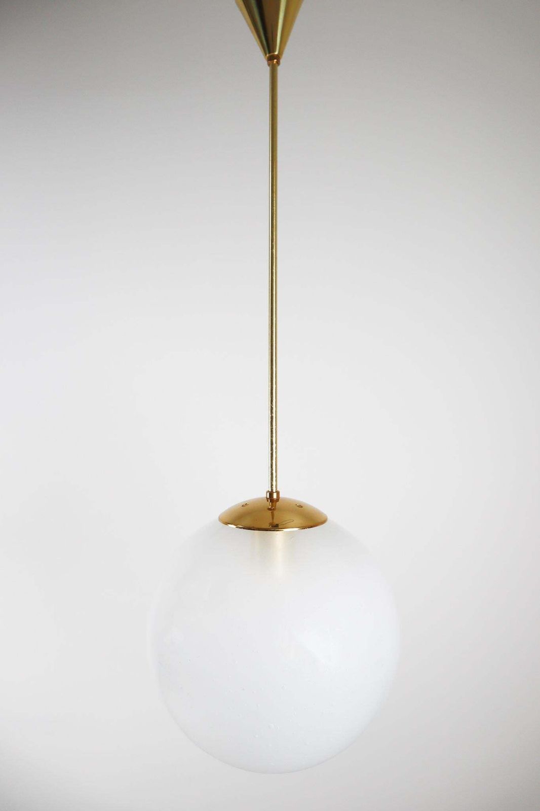 Large Brass Pendant With A Pearl White Hand Blown Globe By Preciosa, 1970s photo furniture