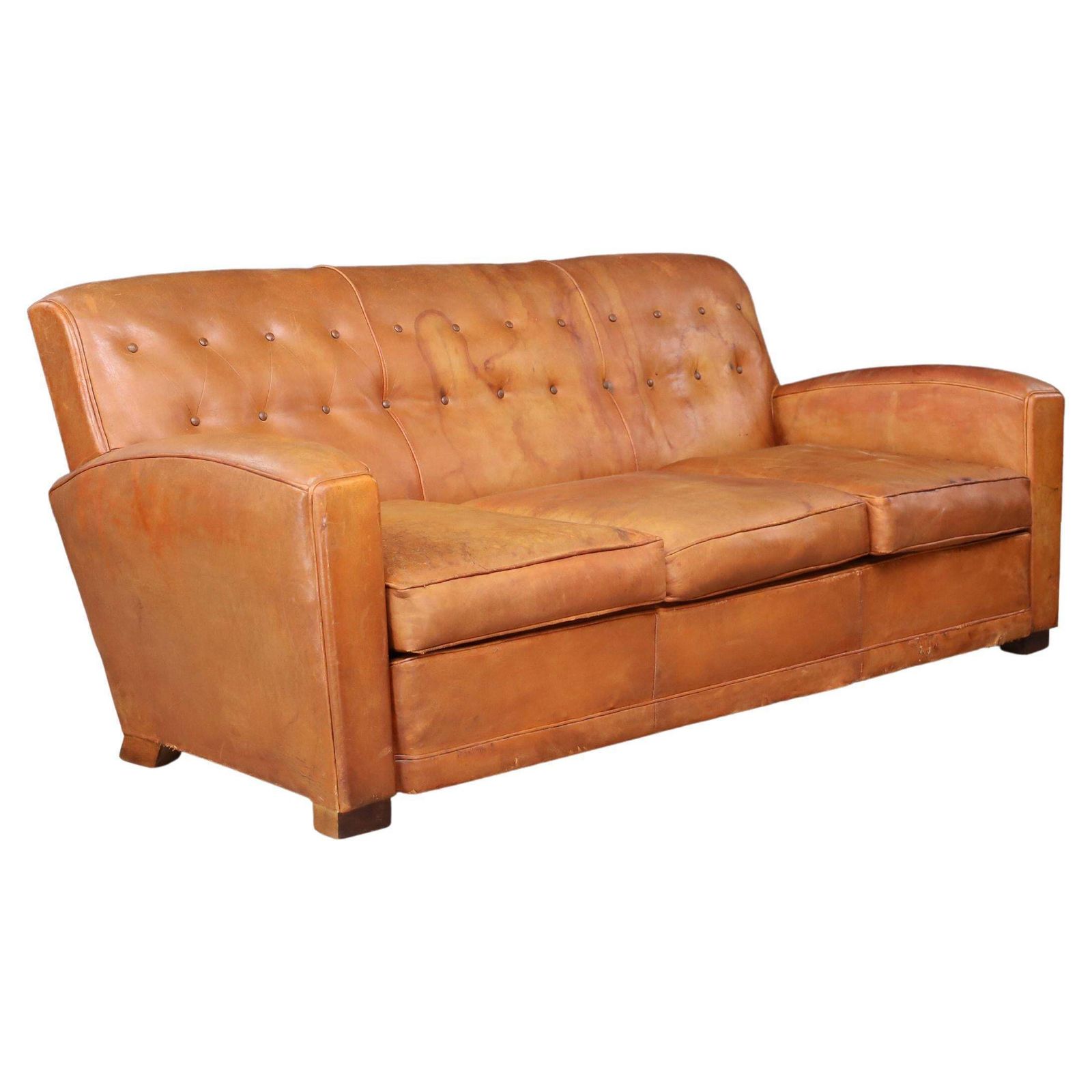 French Art Deco Patinated Leather Lounge Sofa, France, 1930s