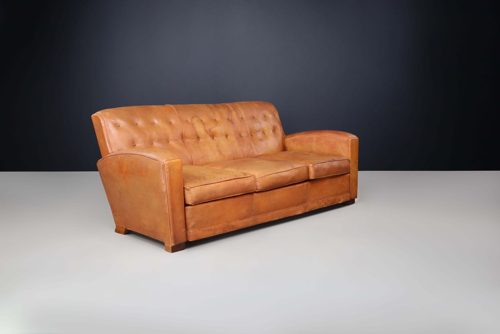 French Art Deco Patinated Leather Lounge Sofa, France, 1930s photo furniture