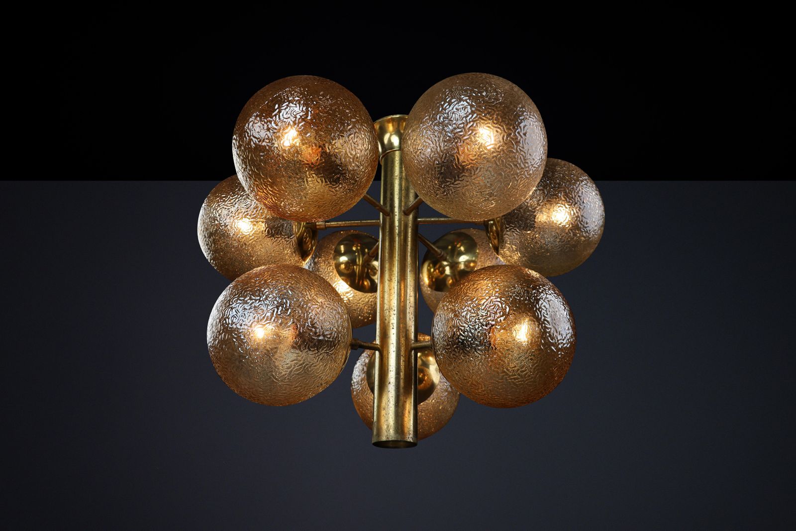 Patinated Brass Chandelier With Nine Gold Colored Globes, Germany 1960s photo furniture