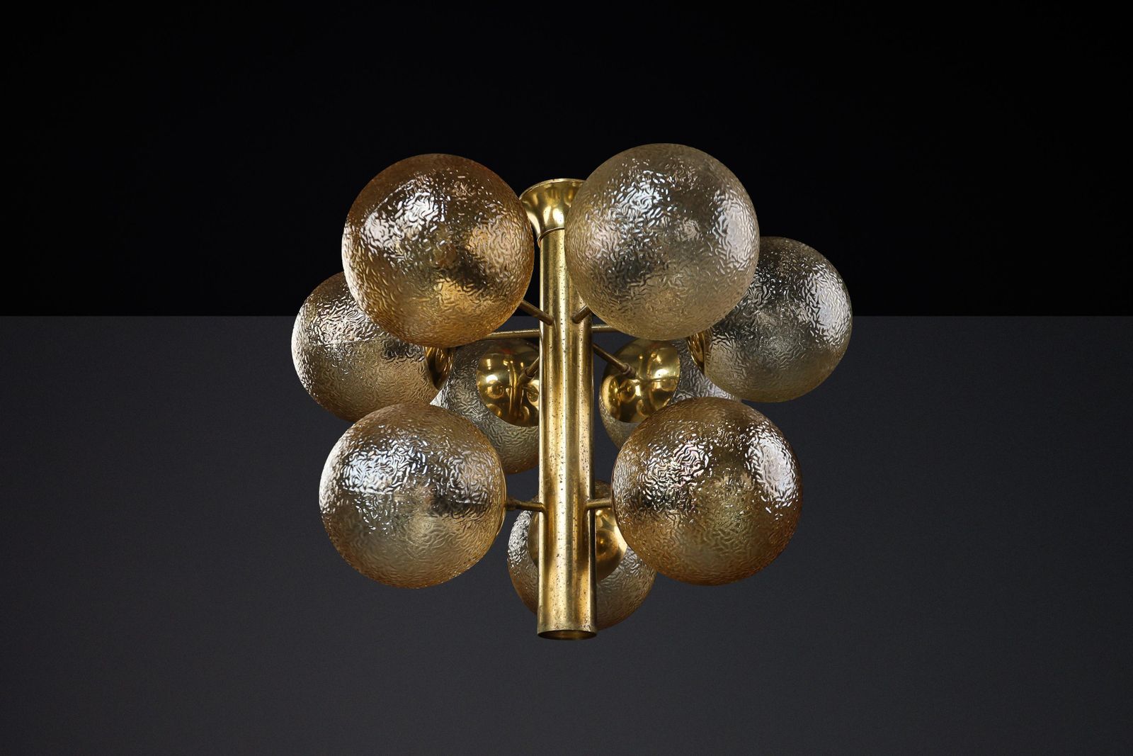 photo for sale Patinated Brass Chandelier With Nine Gold Colored Globes, Germany 1960s