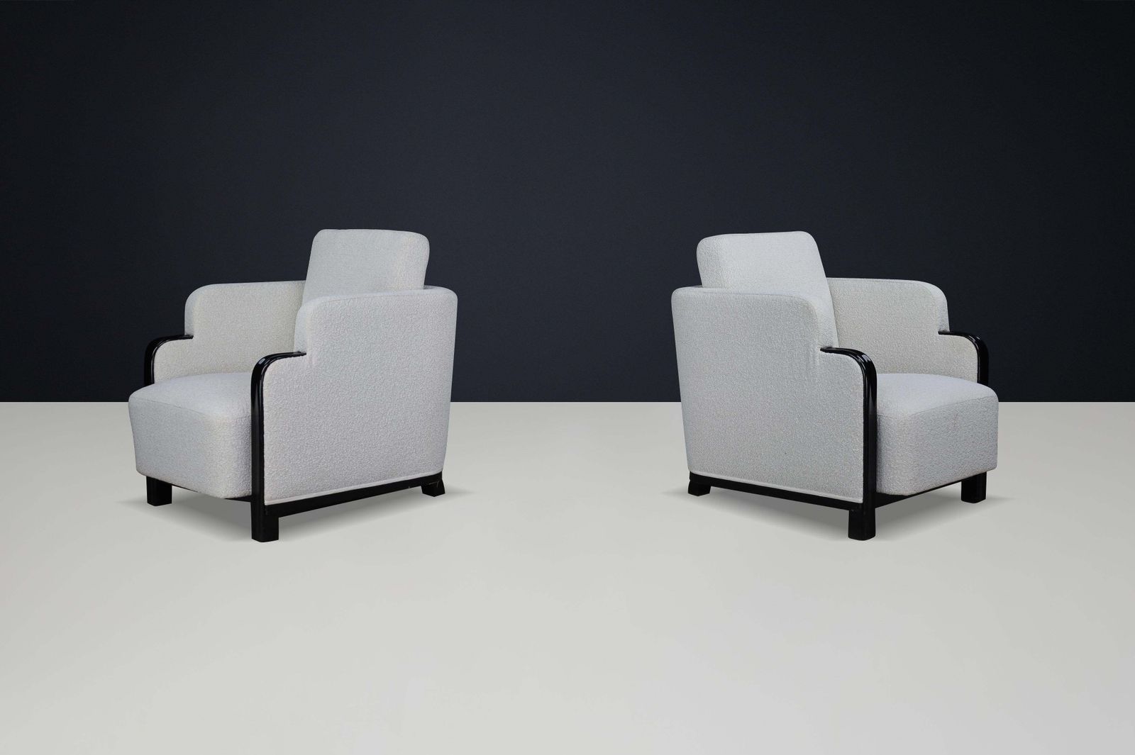 Pair Of Art Deco Armchairs In Bouclé And Black Lacquered Wood, Prague, 1930s photo furniture