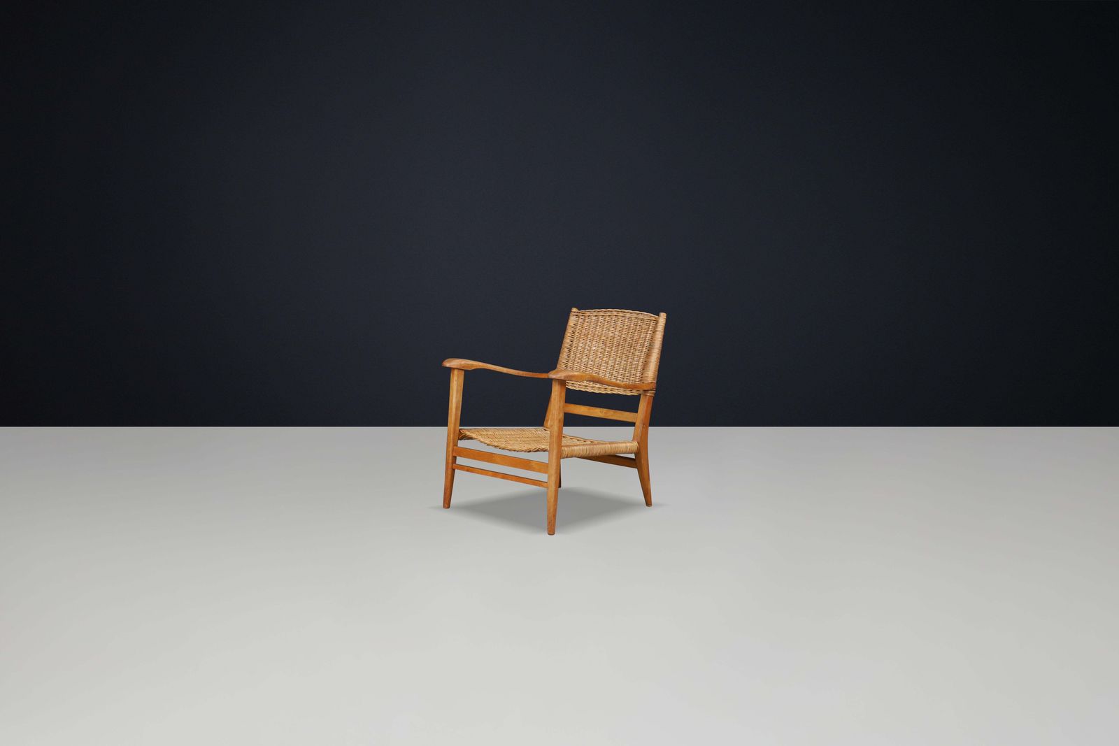 Mid Century Sculpted Armchair In Oak And Rattan, France, 1950s photo for sale