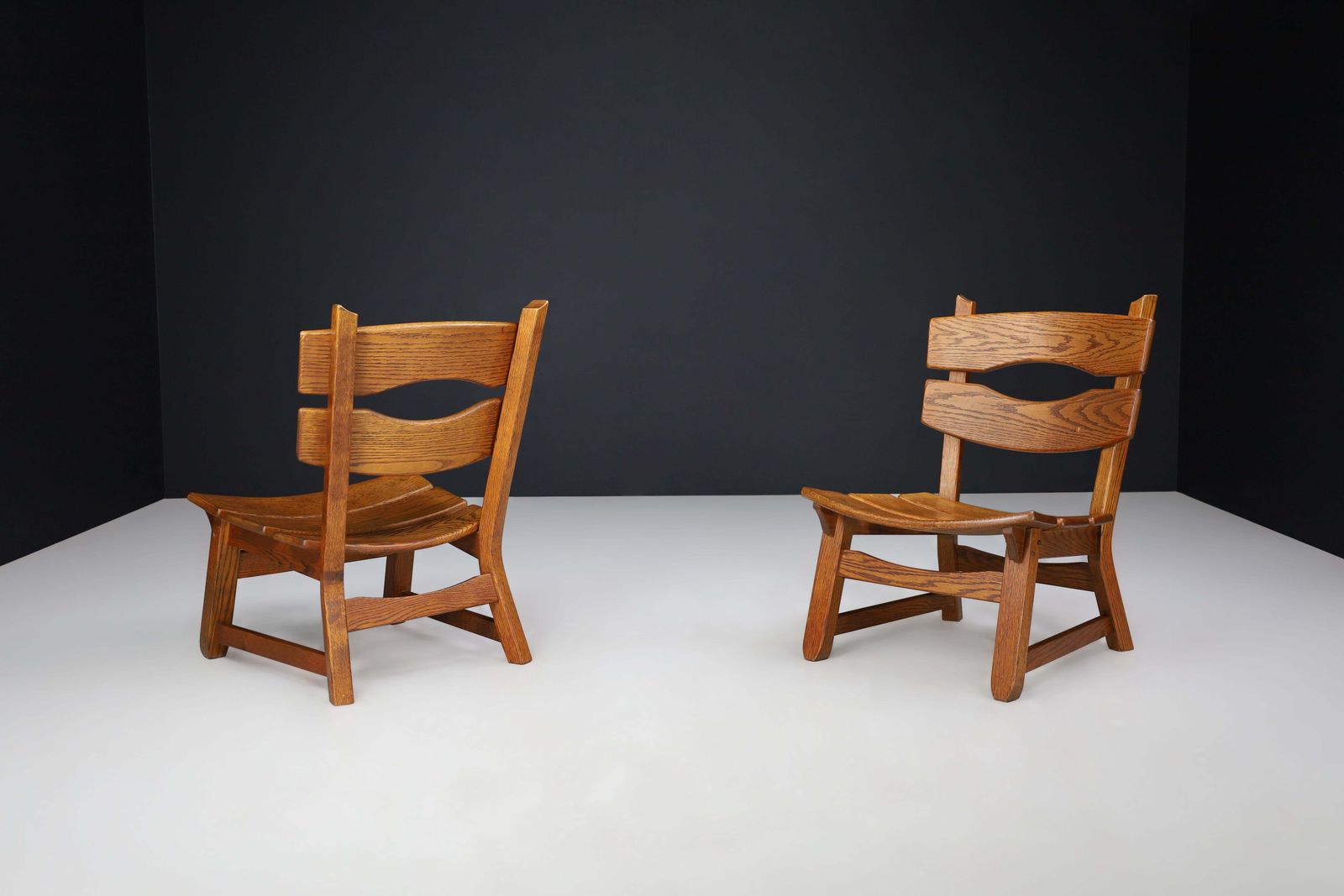 photo for sale Pair Of Sculptural Brutalist Oak Lounge Chairs, France, 1960s