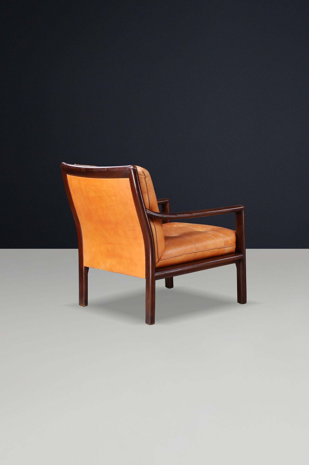 Pair Of Mid Century Lounge Chairs In Cognac Leather & Mahogany Stained Hardwood photo vintage