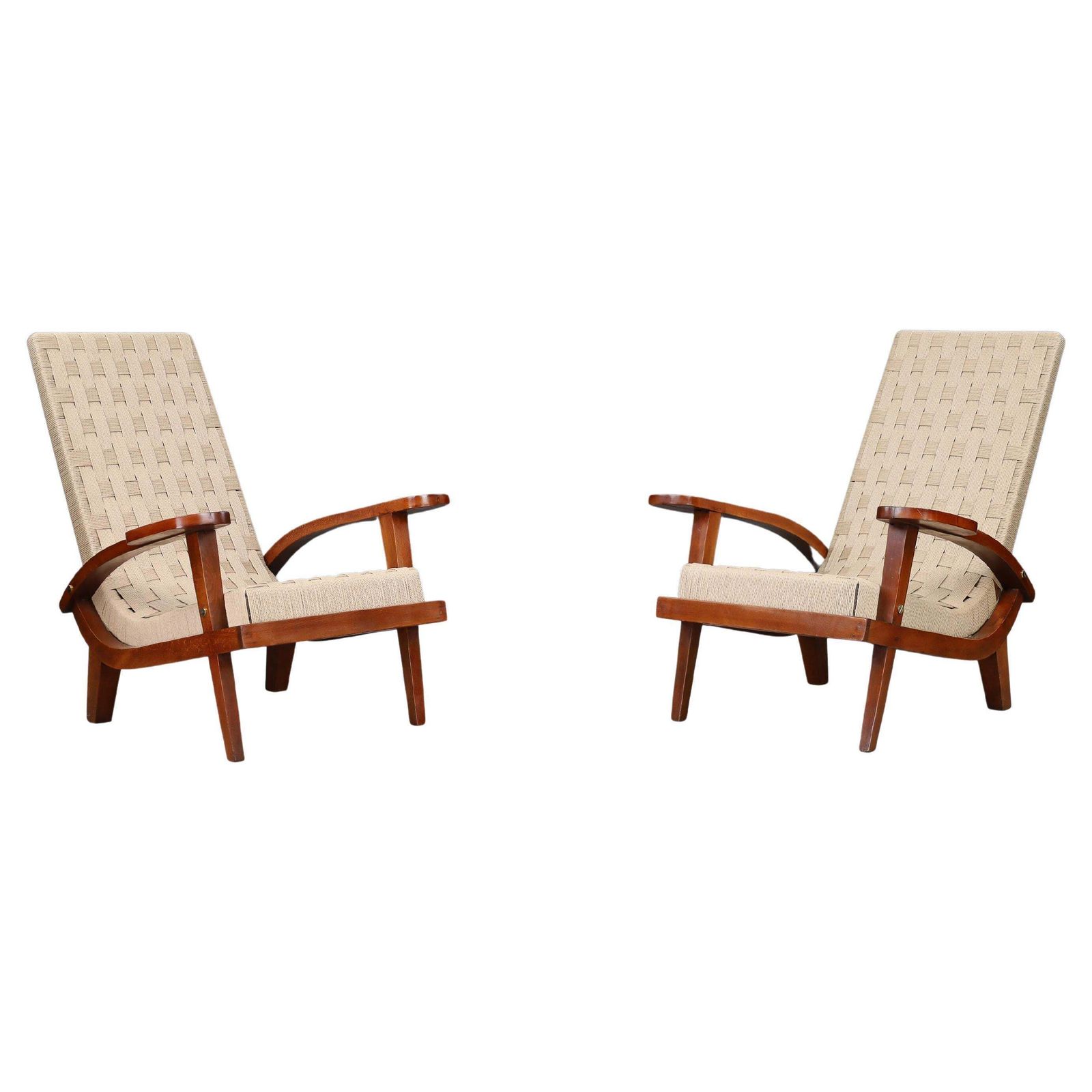 Pair Of Italian Mid Century Lounge Chairs With Webbing, Italy, 1940s