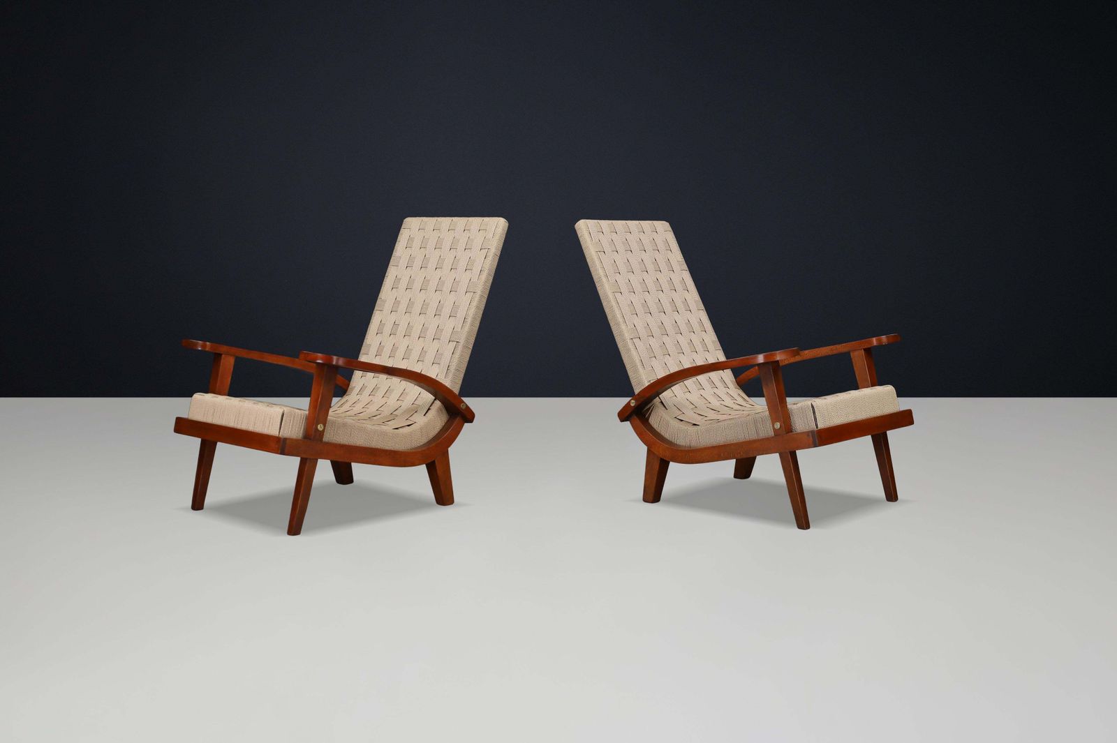 Pair Of Italian Mid Century Lounge Chairs With Webbing, Italy, 1940s photo for sale
