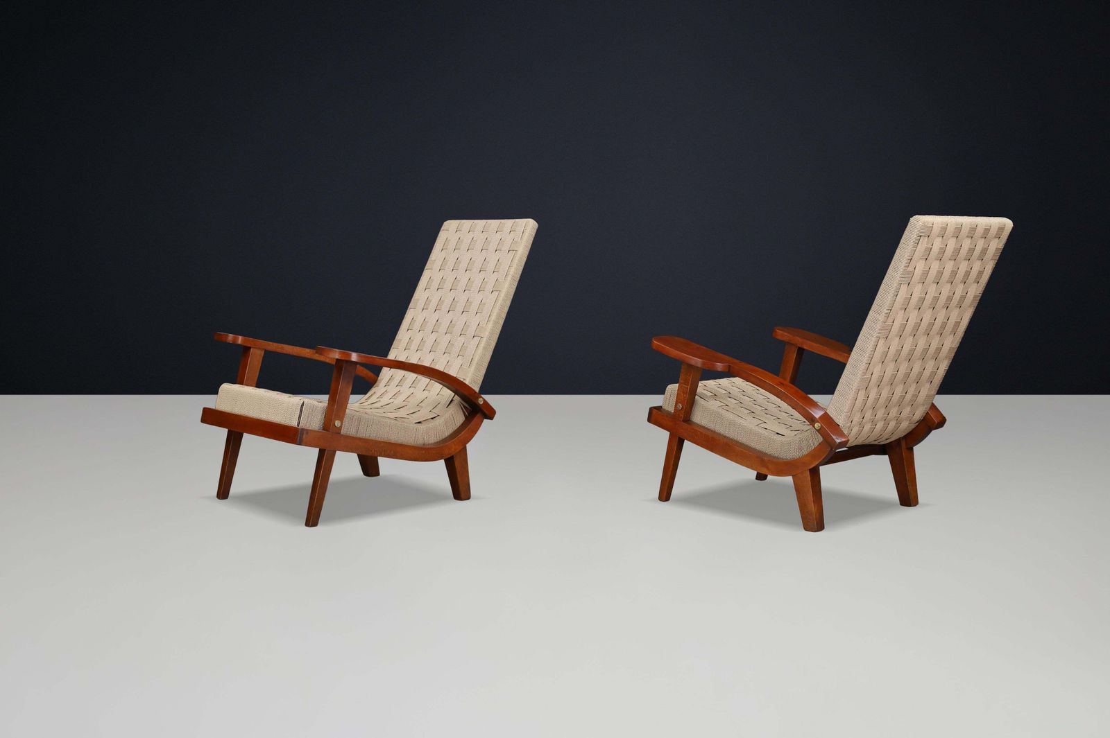 Pair Of Italian Mid Century Lounge Chairs With Webbing, Italy, 1940s photo vinterior